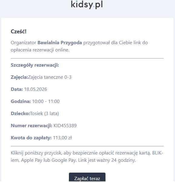 Email z linkiem do płatności wysyłany rodzicowi